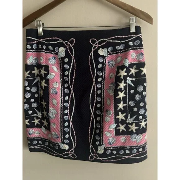 Talbots Navy Pink Shell Starfish Beach Nautical Print Pencil Side Zip Skirt 6 P - Picture 3 of 9